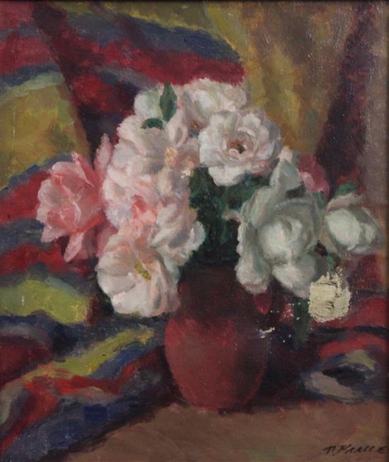 Dorothy Hepworth (1894-1976) Roses and terracotta jug, 16 x 14in.